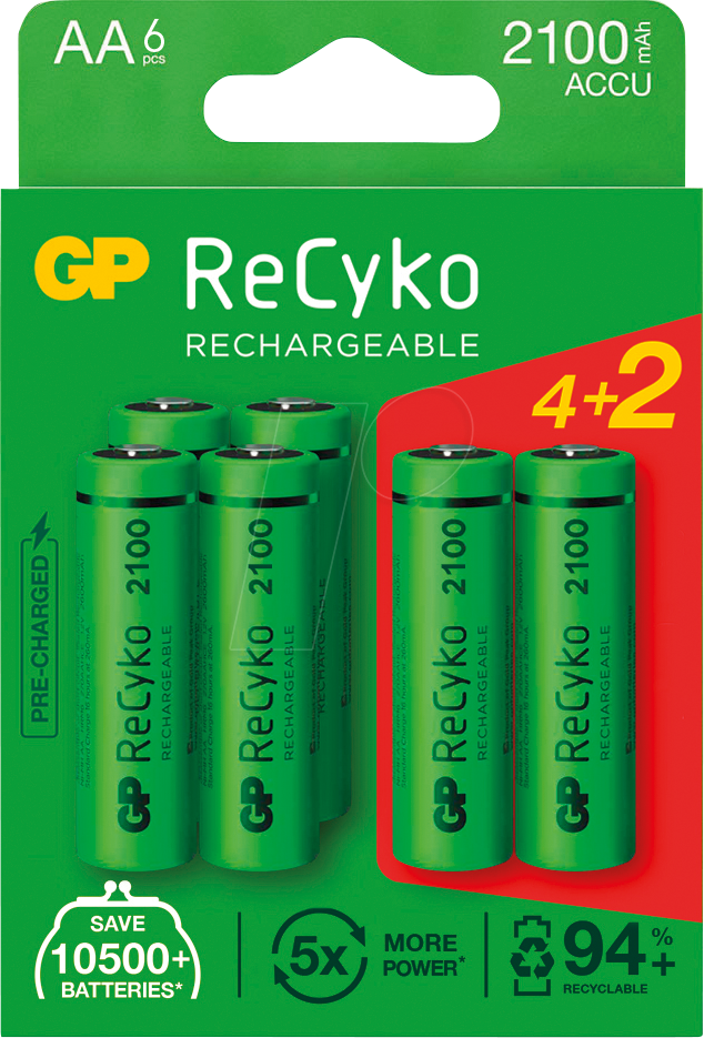 GP AA NiMH 2100MAH RECYKO+ 1,2V /6 (4+2)