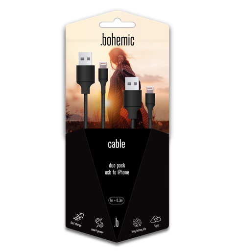 [BOH_7122] BOHEMIC KABEL USB NAAR IPHONE 1M + 0,3M - DUO PACK
