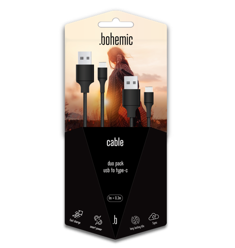 [BOH_7139] BOHEMIC USB KABEL NAAR TYPE-C 1M + 0,3M - DUO PACK
