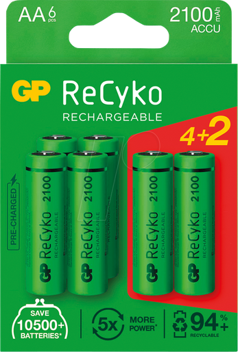 [GP_AA-RECYKO2100-BL4+2] GP AA NiMH 2100MAH RECYKO+ 1,2V /6 (4+2)